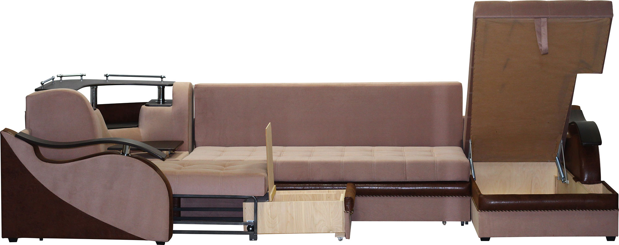 Угловой диван с деревянными подлокотниками и угловой
